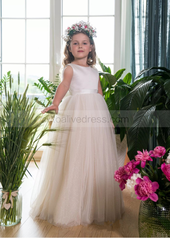 Ivory Satin Glitter Tulle V Back Flower Girl Dress